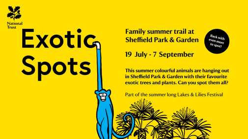 Illustrated blue monkeys on a yellow poster to promote our Exotic Spots trail